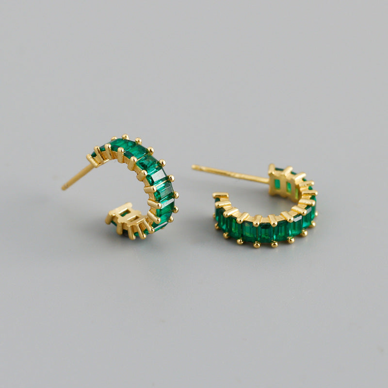 Sterling Silver Green Stone Huggie Hoop Earrings