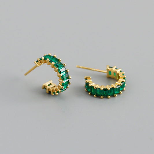 Sterling Silver Green Stone Huggie Hoop Earrings