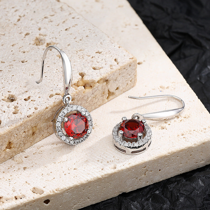 925 Sterling Silver Red Round Drop Earrings
