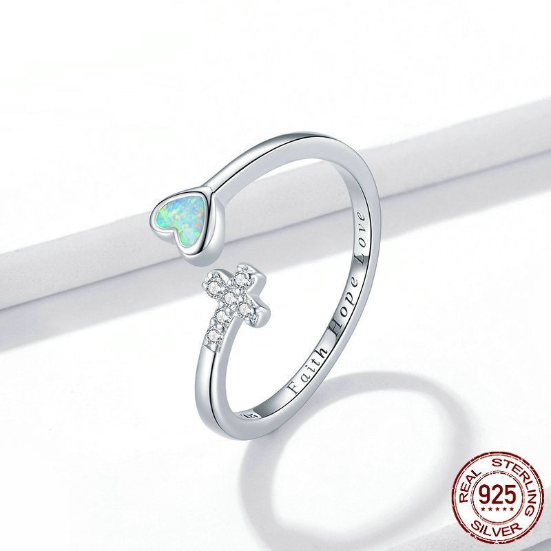 Heart Opal Ring in Sterling Silver | Adjustable Opal Gemstone Ring | Valentine and Anniversary Gift for Her