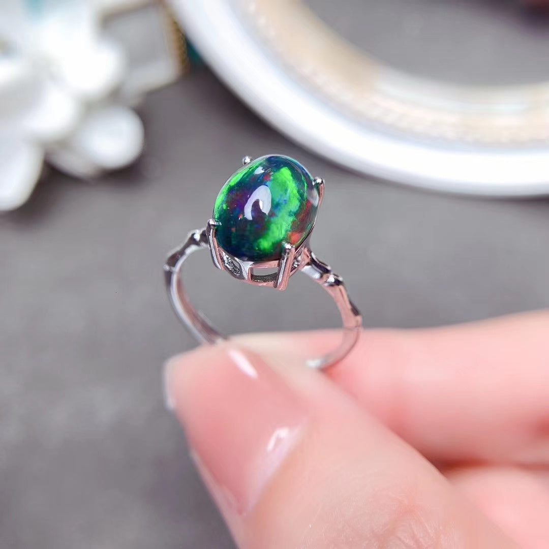 Delicate Mosaic Natural Black Opal Ring in 925 Sterling Silver | Rare Black Opal Ring | October Birthstone Gift for Her