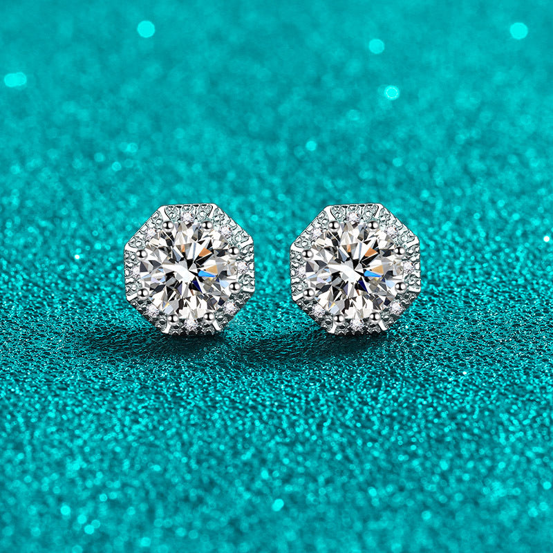 2 Carat Moissanite Stud Earrings 925 Sterling Silver, Octagonal Halo Earrings, 6.5mm Brilliant Cut Bridal Jewelry Gift for Her