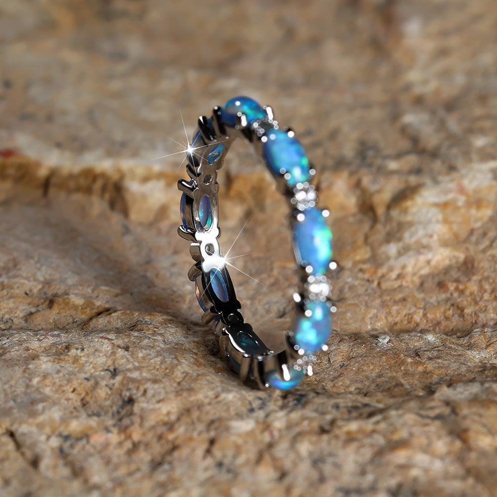 Oval Opal Eternity Ring in 925 Sterling Silver | Platinum and Champagne Gold Opal Ring | Gift for Her