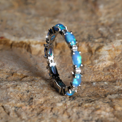 Oval Opal Eternity Ring in 925 Sterling Silver | Platinum and Champagne Gold Opal Ring | Gift for Her