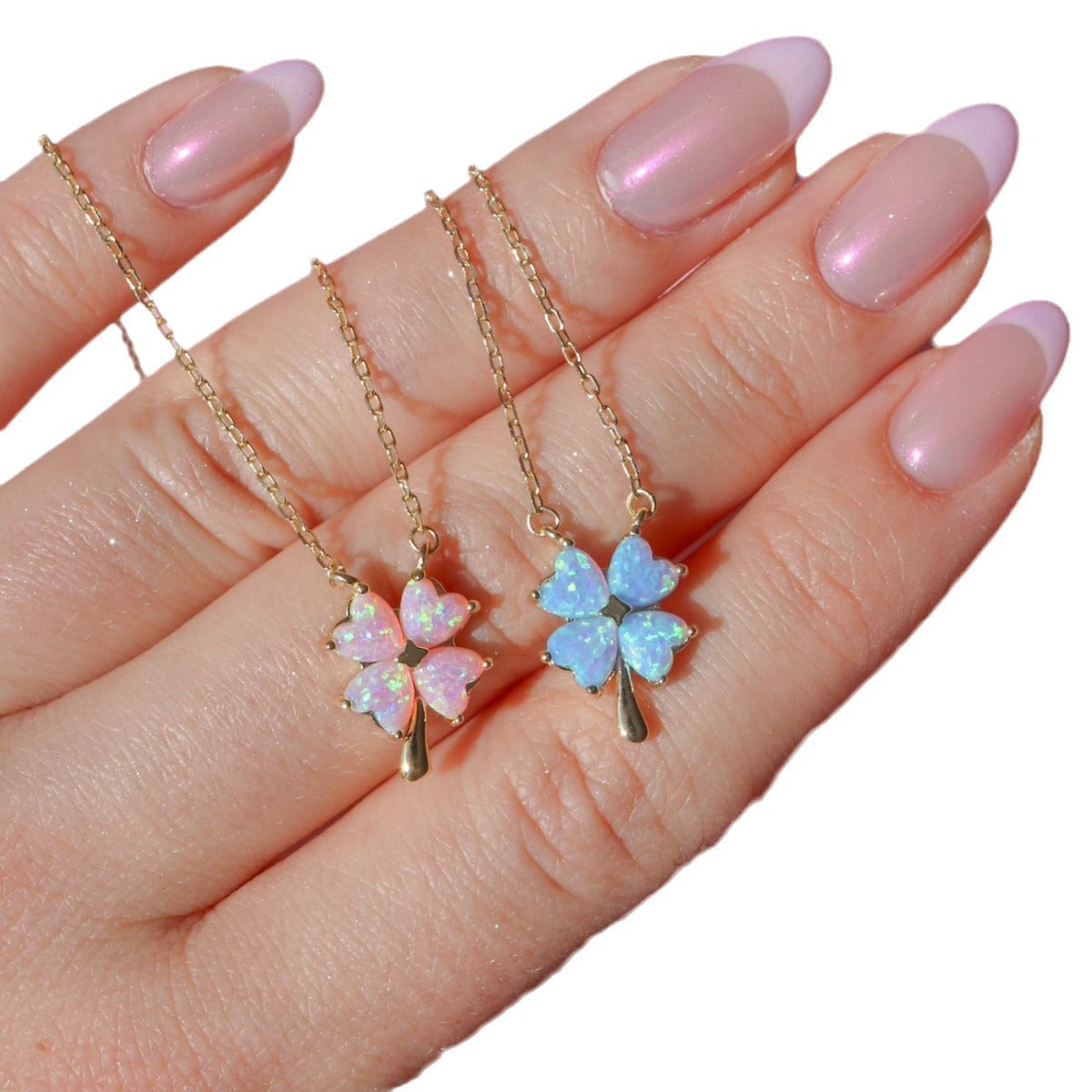 Opal Four-Leaf Clover Pendant Necklace & Ear Studs Pair