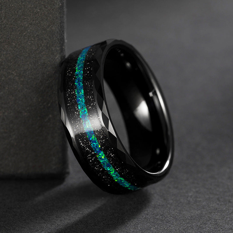 Galaxy Blue Inlay Tungsten Ring 8mm | Black Tungsten Wedding Band with Opal Style Inlay | Anniversary Gift for Him and Her