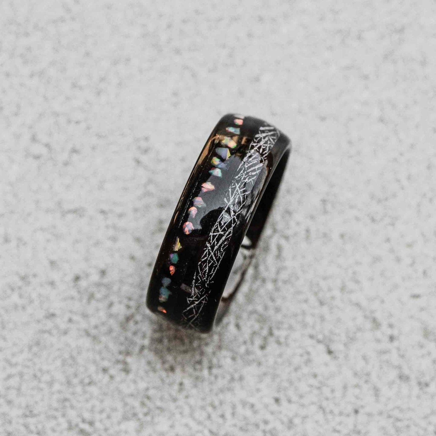 Black Opal Tungsten Ring | U-Shaped Black Wedding Band with Opal Inlay | Anniversary Gift for Her and Him