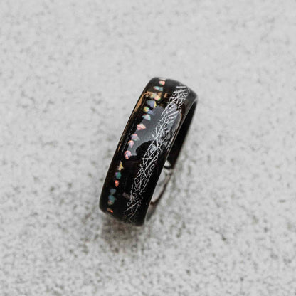 Black Opal Tungsten Ring | U-Shaped Black Wedding Band with Opal Inlay | Anniversary Gift for Her and Him