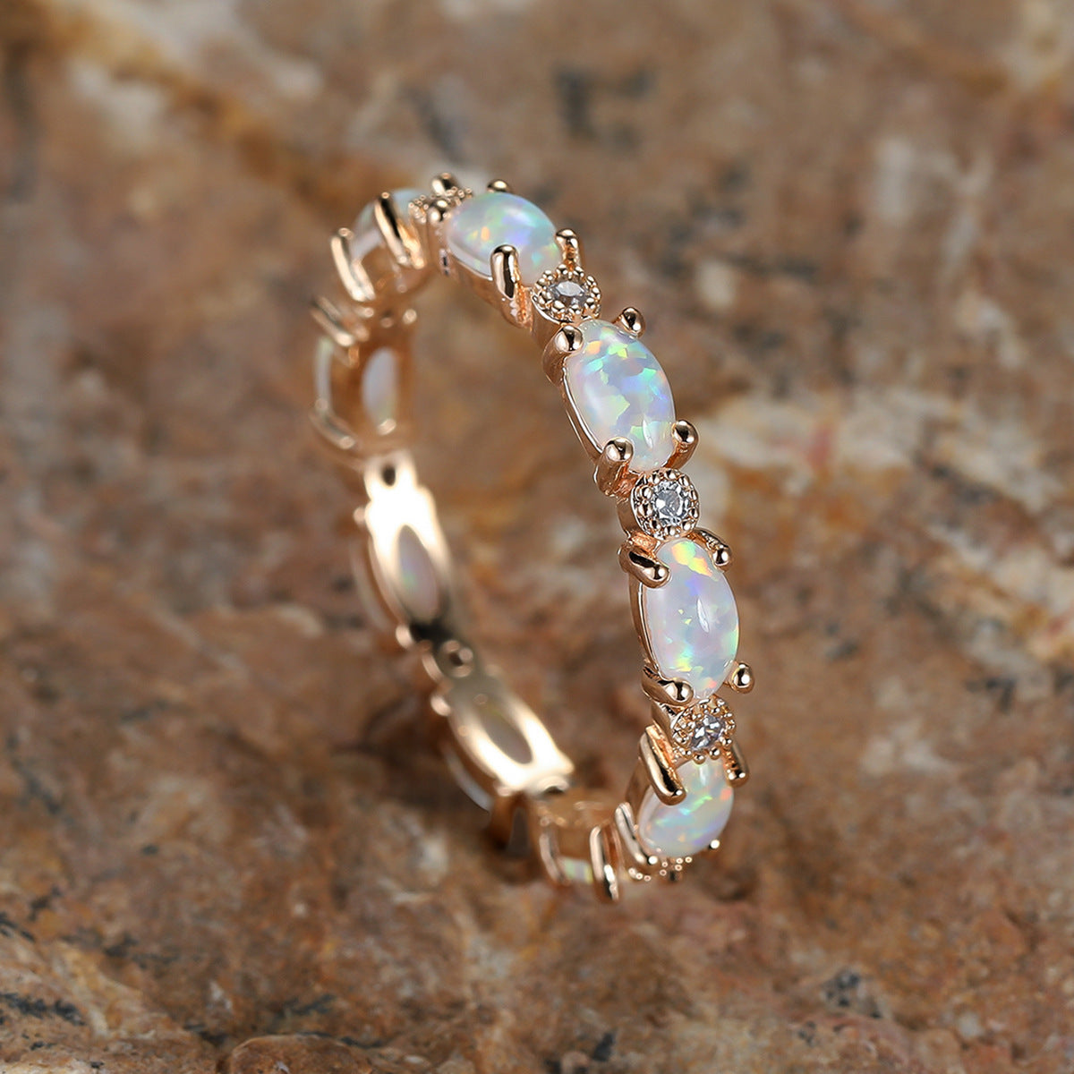 Oval Opal Eternity Ring in 925 Sterling Silver | Platinum and Champagne Gold Opal Ring | Gift for Her