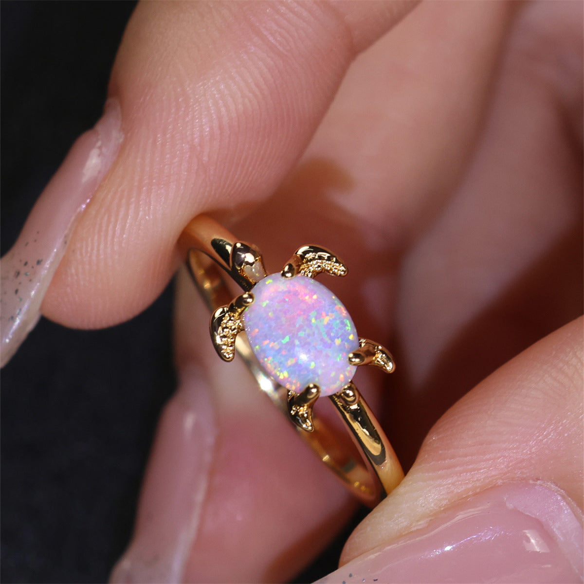 White Opal Turtle Ring in Sterling Silver | Cute Turtle Opal Ring | October Birthstone Gift for Her
