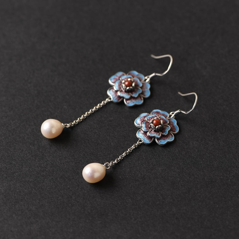 Sterling Silver Flower Drop Earrings with Pearl