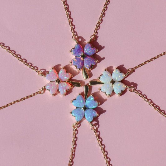 Opal Four-Leaf Clover Pendant Necklace & Ear Studs Pair