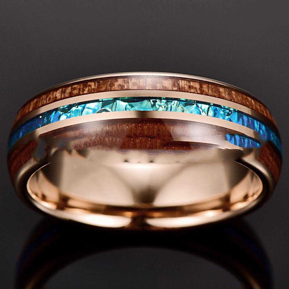 Rose Gold Opal Wedding Band | Tungsten Ring with Blue Opal and Wood Inlay | Anniversary Gift for Her and Him