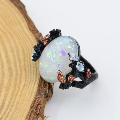 Vintage Flower Opal Ring in Black Gold | Floral Opal Statement Ring | October Birthstone Gift for Her