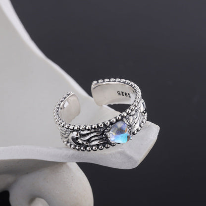 Sterling Silver Heart Gem Ring | Adjustable S925 Ring for Women | Vintage Heart Gemstone Gift for Her