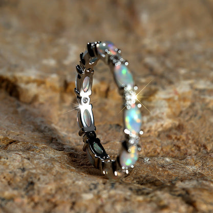 Oval Opal Eternity Ring in 925 Sterling Silver | Platinum and Champagne Gold Opal Ring | Gift for Her