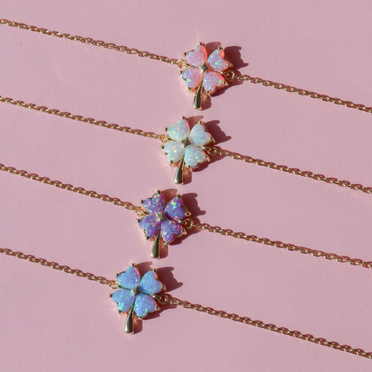 Opal Four-Leaf Clover Pendant Necklace & Ear Studs Pair