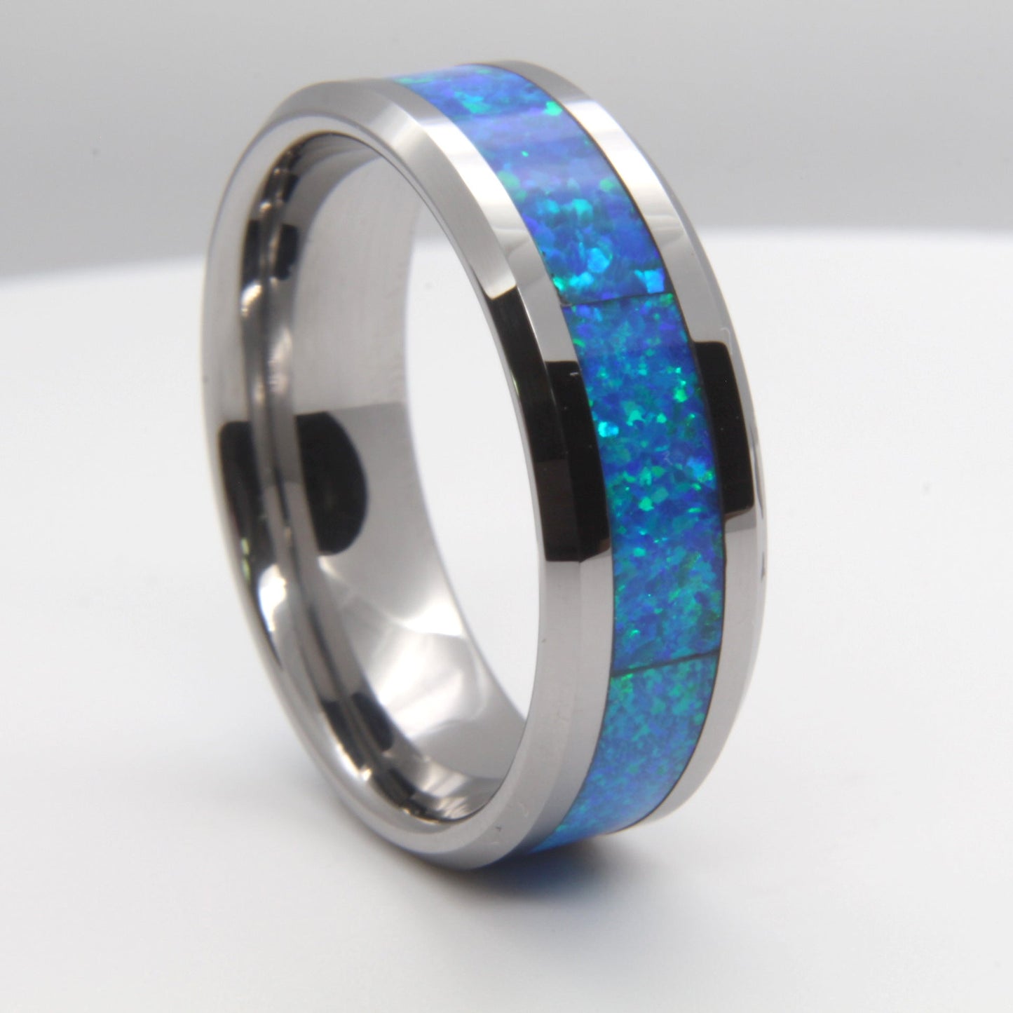 Blue Opal Tungsten Gold Ring | Durable Blue Opal Inlay Wedding Band | Anniversary Gift for Him and Her