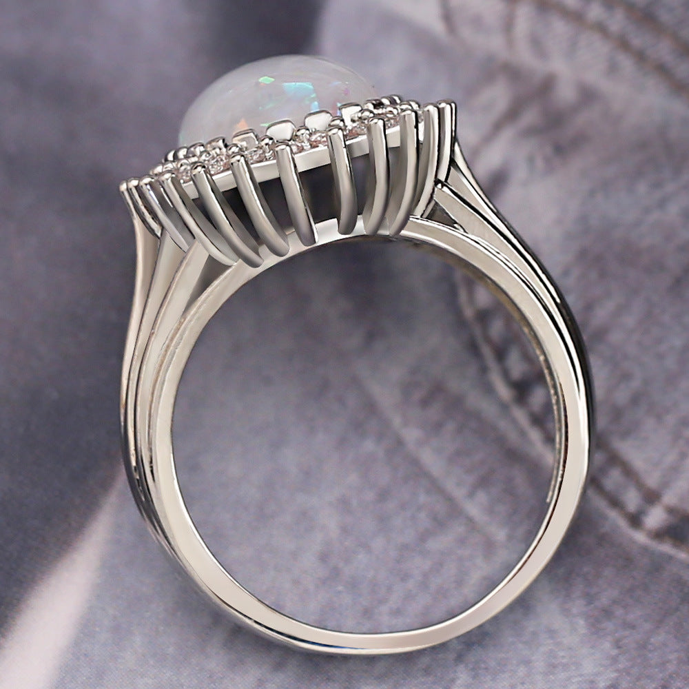 Large Oval Opal Halo Statement Ring in Sterling Silver | Bold Opal Halo Ring | October Birthstone Gift for Her