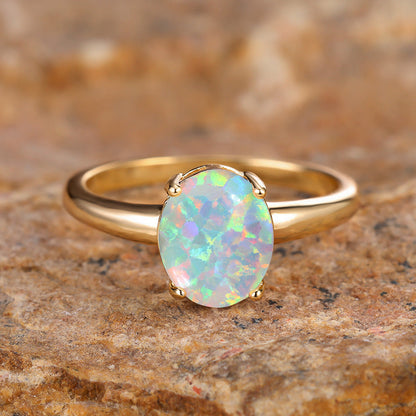 Golden Oval White Opal Minimalist Ring | Dainty Gold Opal Ring | October Birthstone Gift for Her
