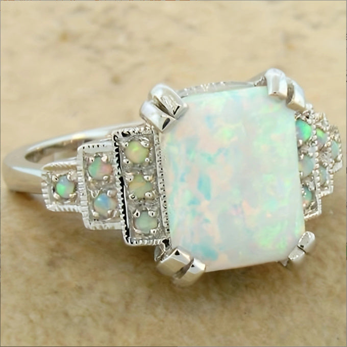 Square White Multi Fire Opal Ring in Antique Silver | Vintage Statement Opal Ring | October Birthstone Gift for Her