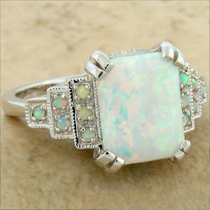 Square White Multi Fire Opal Ring in Antique Silver | Vintage Statement Opal Ring | October Birthstone Gift for Her