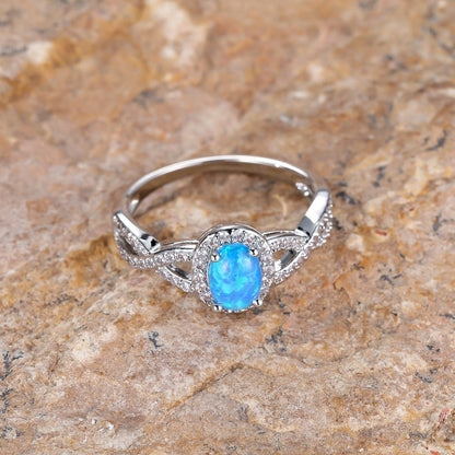 Platinum Blue Opal Engagement Ring in Sterling Silver | Natural Opal Ring | October Birthstone Gift for Her