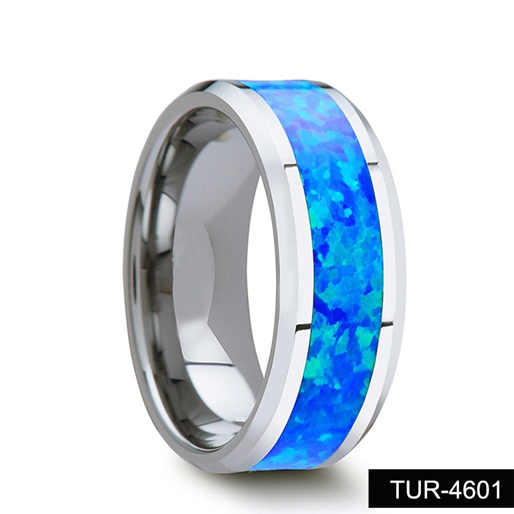 Blue Opal Tungsten Gold Ring | Durable Blue Opal Inlay Wedding Band | Anniversary Gift for Him and Her