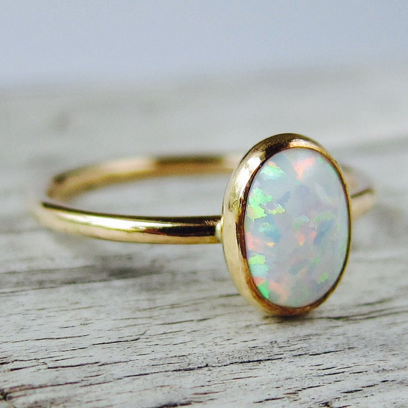 Oval Opal Ring in Gold-Plated 925 Sterling Silver | Minimalist October Birthstone Ring Gift for Her