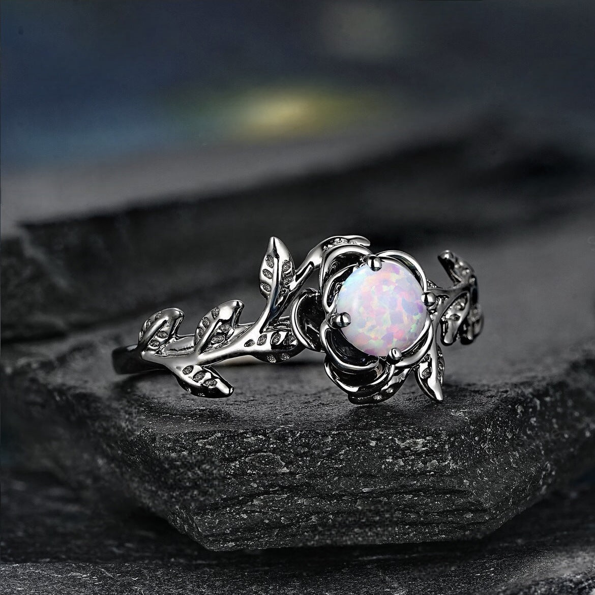 Black Vintage Inlaid Opal Ring | Antique Style Black Opal Ring | October Birthstone Gift for Her