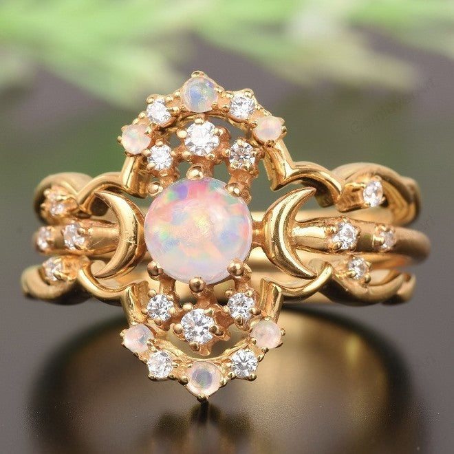 Star Moon Golden Three-Piece Opal Ring Set | Celestial Opal Stacking Rings | October Birthstone Gift for Her
