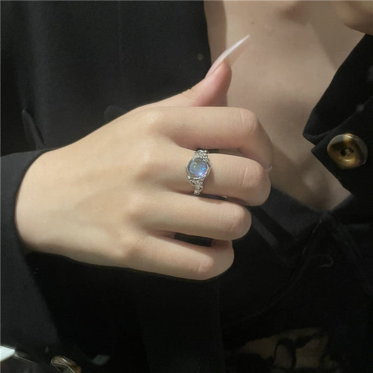 Adjustable Opal Silver Ring with Rhinestones | October Birthstone Opal Ring Gift for Her