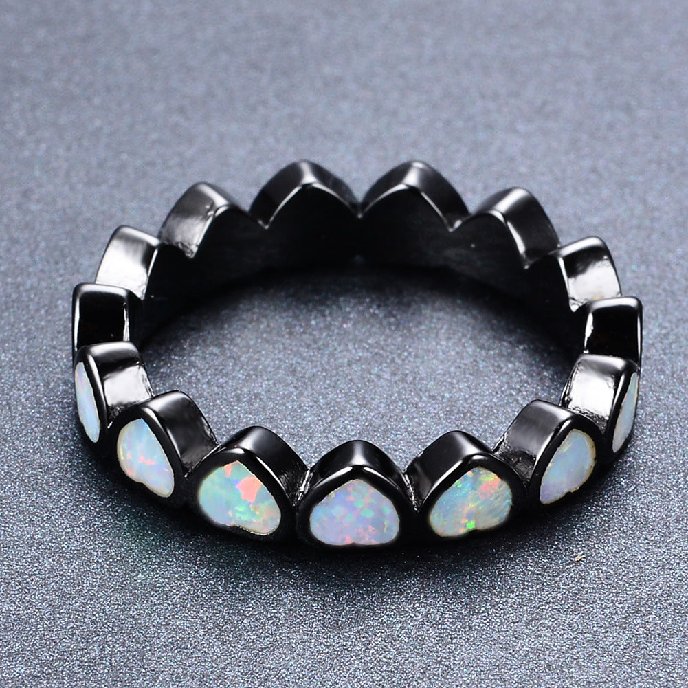 Black Gold Peach Heart Circle Opal Ring | Romantic Opal Gemstone Ring | October Birthstone Gift for Her