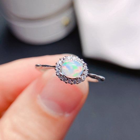 Oval Opal Adjustable Halo Ring in 925 Sterling Silver White Gold | Bridal Evening Gift for Her