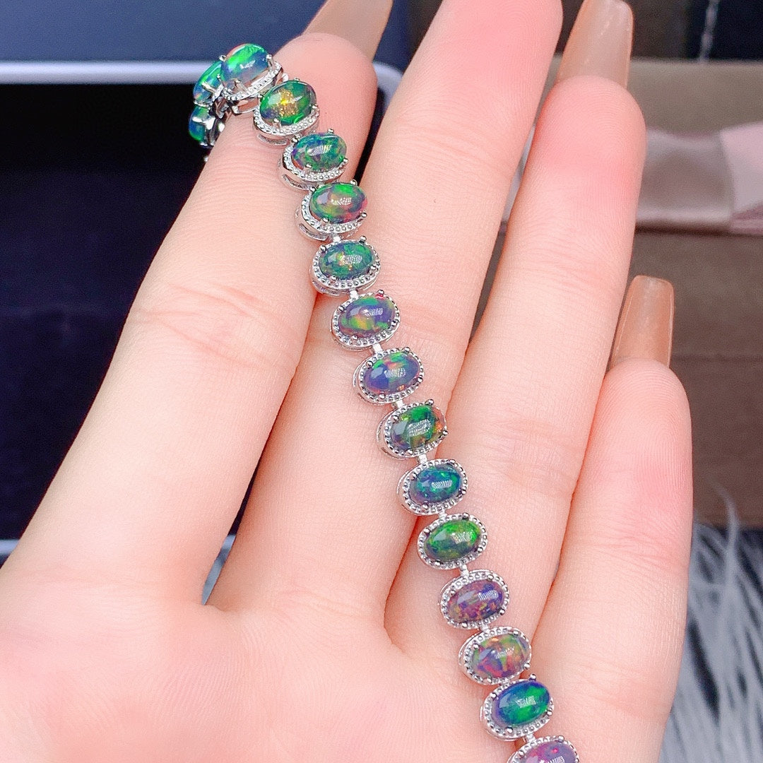Natural Opal Tennis Bracelet 925 Sterling Silver - 4×6mm Oval Opal Bracelet