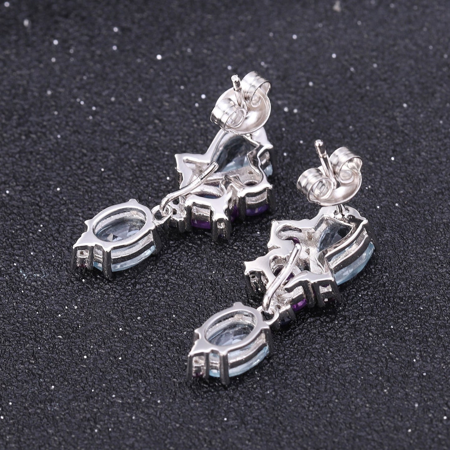 Sky Blue Topaz & Amethyst Drop Earrings 925 Sterling Silver, Natural Gemstone Dangle Earrings, Bridal Statement Jewelry Gift for Her