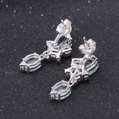 Sky Blue Topaz & Amethyst Drop Earrings 925 Sterling Silver, Natural Gemstone Dangle Earrings, Bridal Statement Jewelry Gift for Her