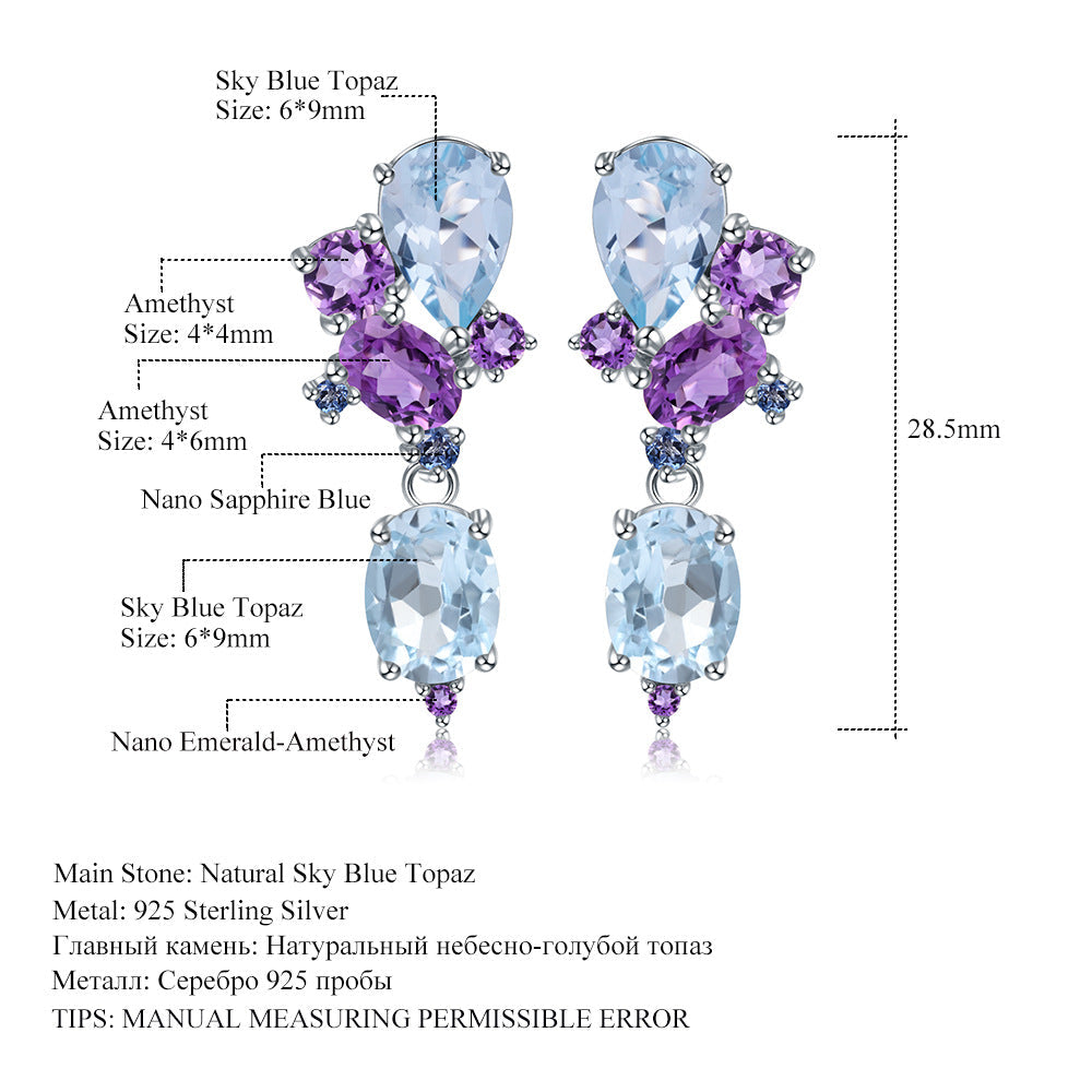 Sky Blue Topaz & Amethyst Drop Earrings 925 Sterling Silver, Natural Gemstone Dangle Earrings, Bridal Statement Jewelry Gift for Her