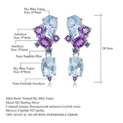 Sky Blue Topaz & Amethyst Drop Earrings 925 Sterling Silver, Natural Gemstone Dangle Earrings, Bridal Statement Jewelry Gift for Her