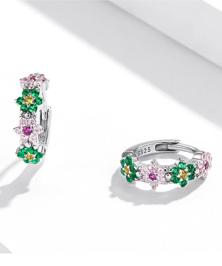 Sterling Silver Flower Hoop Earrings S925, Delicate Floral Zircon Huggie Earrings, White Gold Plated Bridal Jewelry Gift for Her