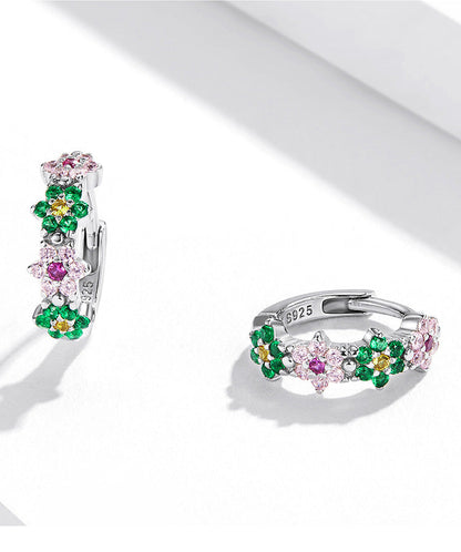 Sterling Silver Flower Hoop Earrings S925, Delicate Floral Zircon Huggie Earrings, White Gold Plated Bridal Jewelry Gift for Her