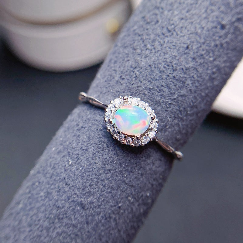 Oval Opal Adjustable Halo Ring in 925 Sterling Silver White Gold | Bridal Evening Gift for Her