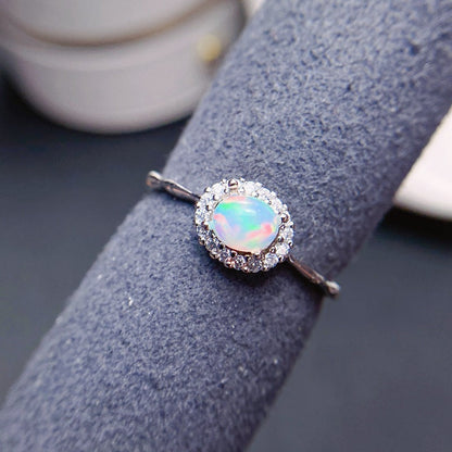 Oval Opal Adjustable Halo Ring in 925 Sterling Silver White Gold | Bridal Evening Gift for Her