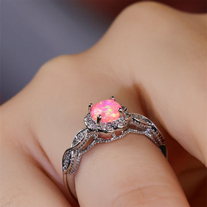 Platinum Round Opal Flower Ring in Sterling Silver | Floral Opal Platinum Ring | October Birthstone Gift for Her