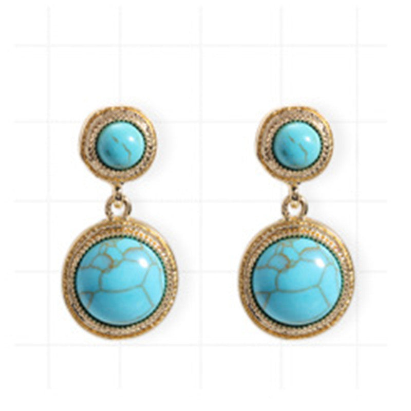 Tiger Eye & Turquoise Drop Earrings S925 Sterling Silver Post, Blue Round Dangle Earrings, Boho Statement Jewelry Gift for Her