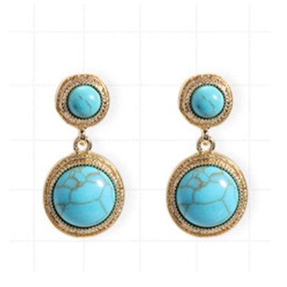 Tiger Eye & Turquoise Drop Earrings S925 Sterling Silver Post, Blue Round Dangle Earrings, Boho Statement Jewelry Gift for Her