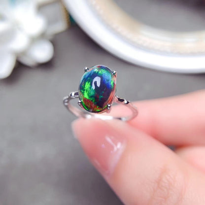 Delicate Mosaic Natural Black Opal Ring in 925 Sterling Silver | Rare Black Opal Ring | October Birthstone Gift for Her
