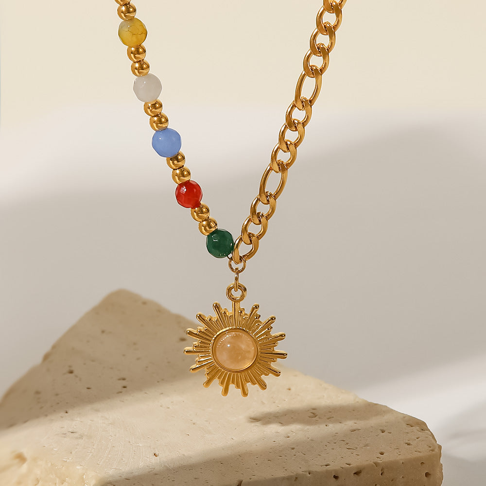 18K Gold Natural Stone Opal Sun Pendant Necklace