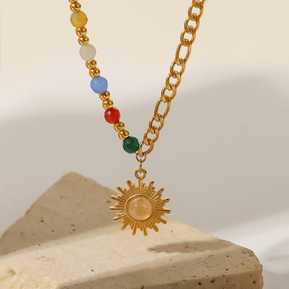 18K Gold Natural Stone Opal Sun Pendant Necklace