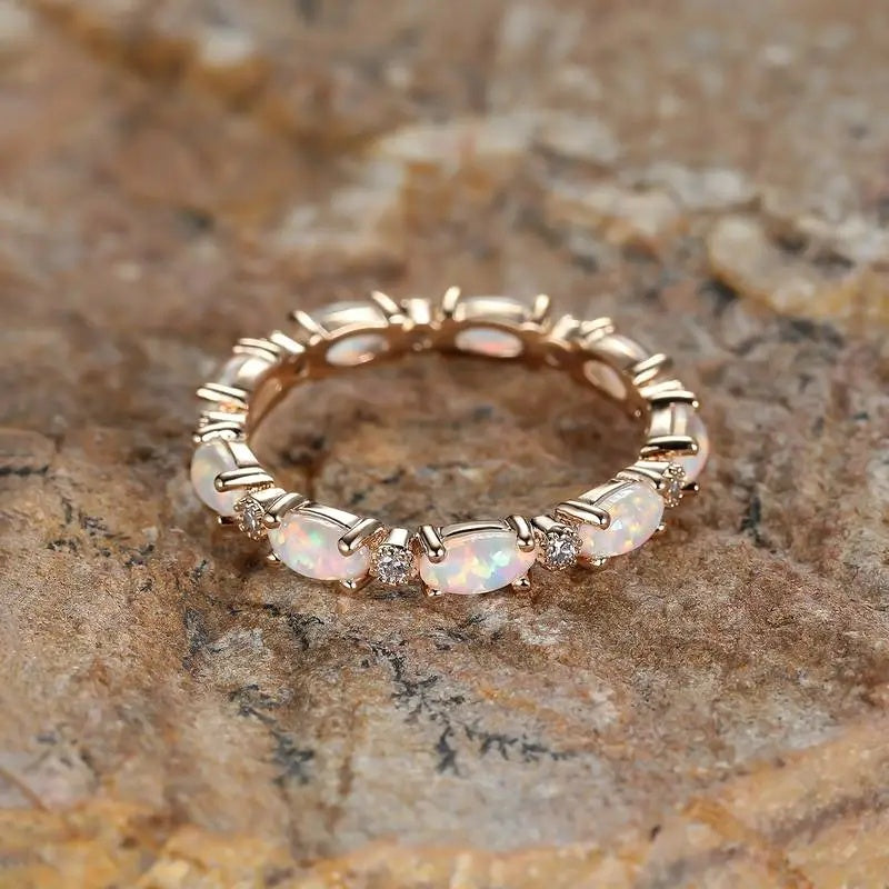 Gold Oval Opal Eternity Ring | Elegant Gold Opal Band Ring | October Birthstone Anniversary Gift for Her